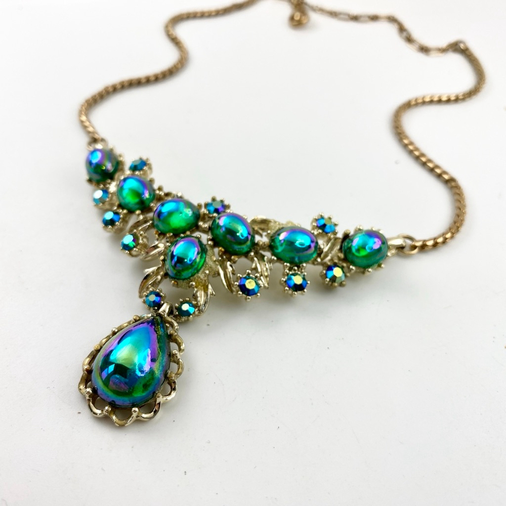 Vintage Coro Peacock Green Polychrome Cabochon Necklace Rhinestone Statement. - Picture 4 of 8